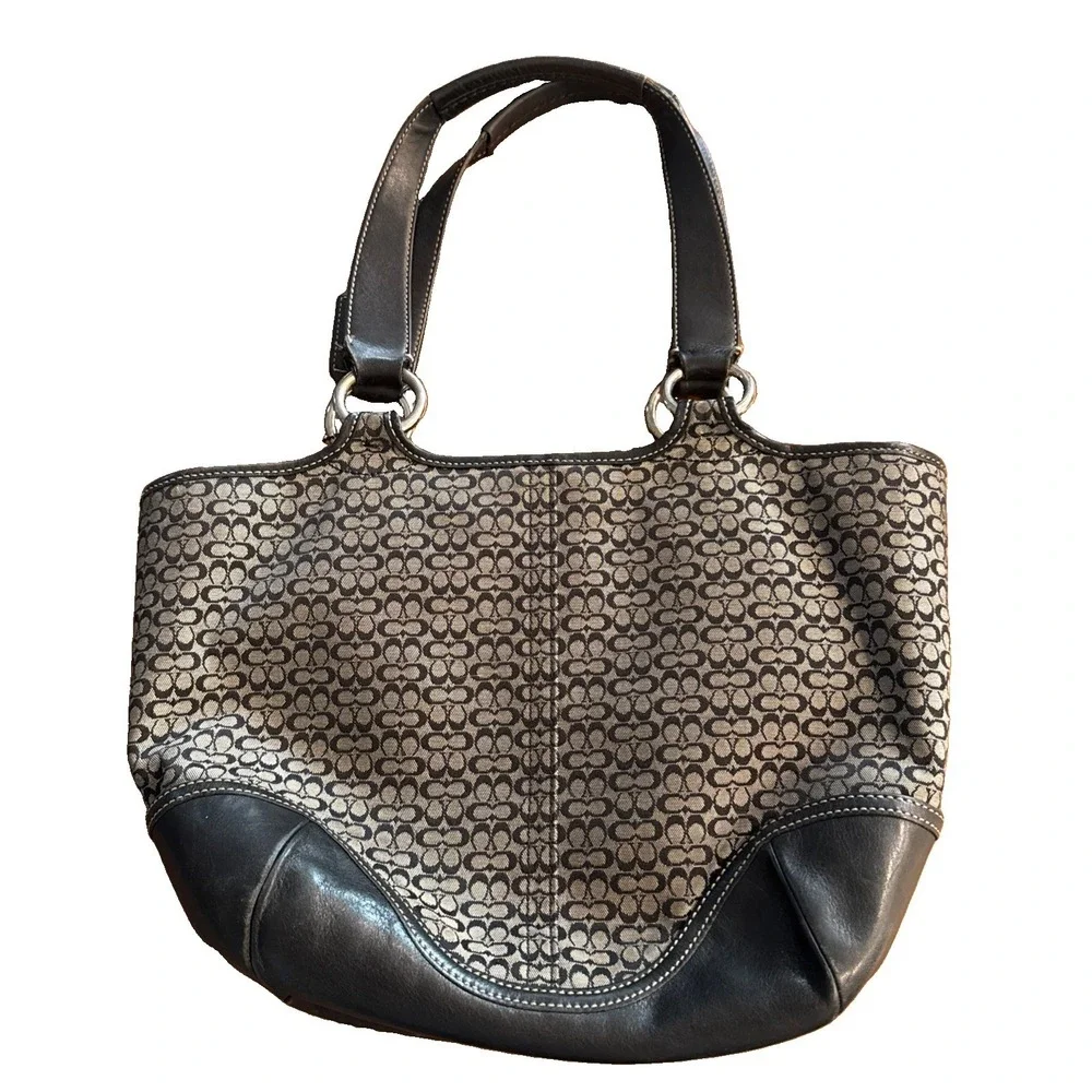 Vtg COACH #7081 Soho Signature Mini C's Black Leather Gray/Black Jacquard Purse